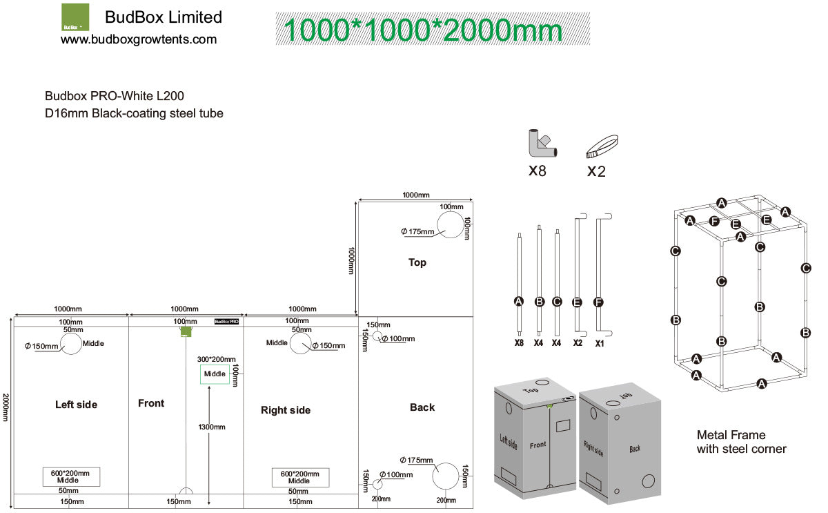 BudBox PRO L200 100x100x200cm Weiß